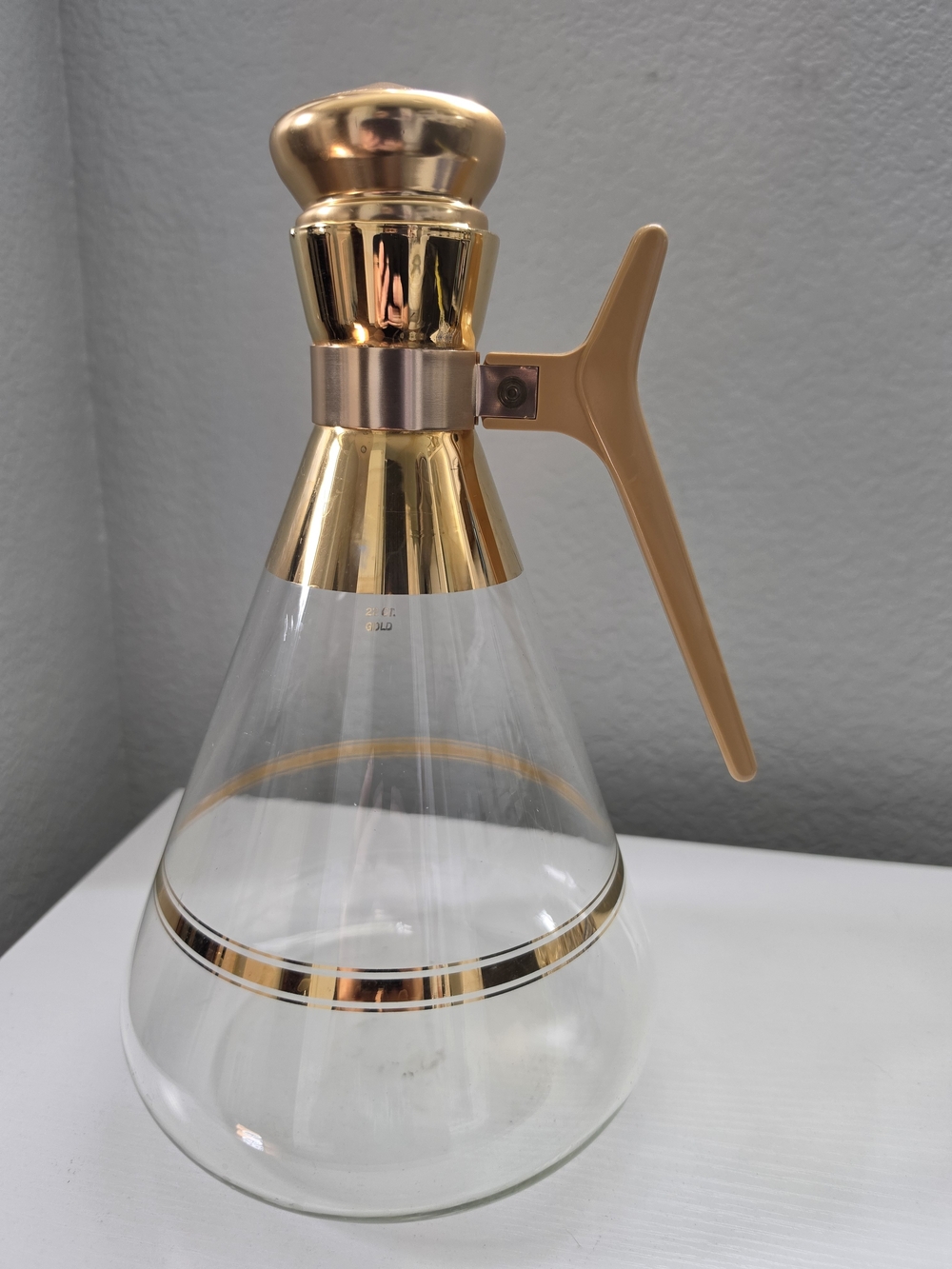Vintage MCM Glass Pourer Carafe with Gold Trim and Tan Handle